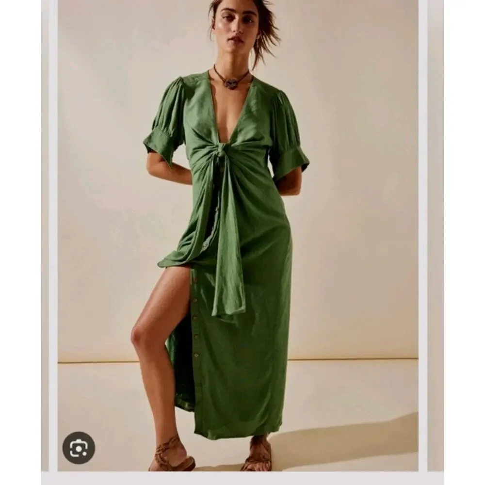 Free People Vintage Summer Button Green Olive Maxi Dress M